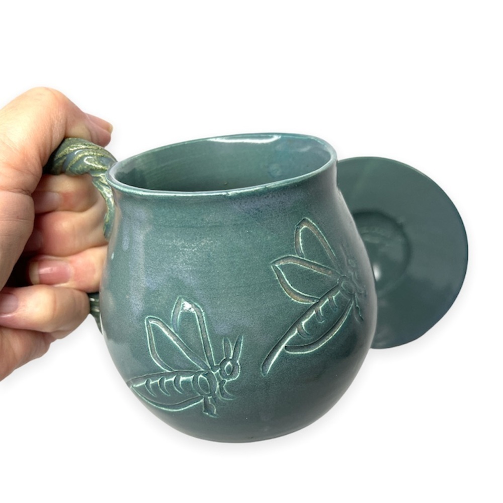 Hand Thrown Stoneware Glazed‎ Pottery Mug and Saucer Bee Carved Artist Signed